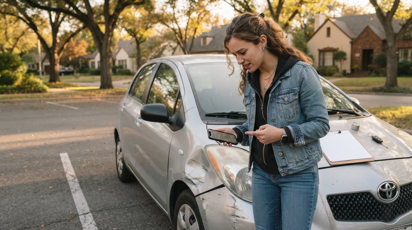 Young adult holding a phone beside a dented silver compact car, looking at the damaged front fender in a suburban parking lot
