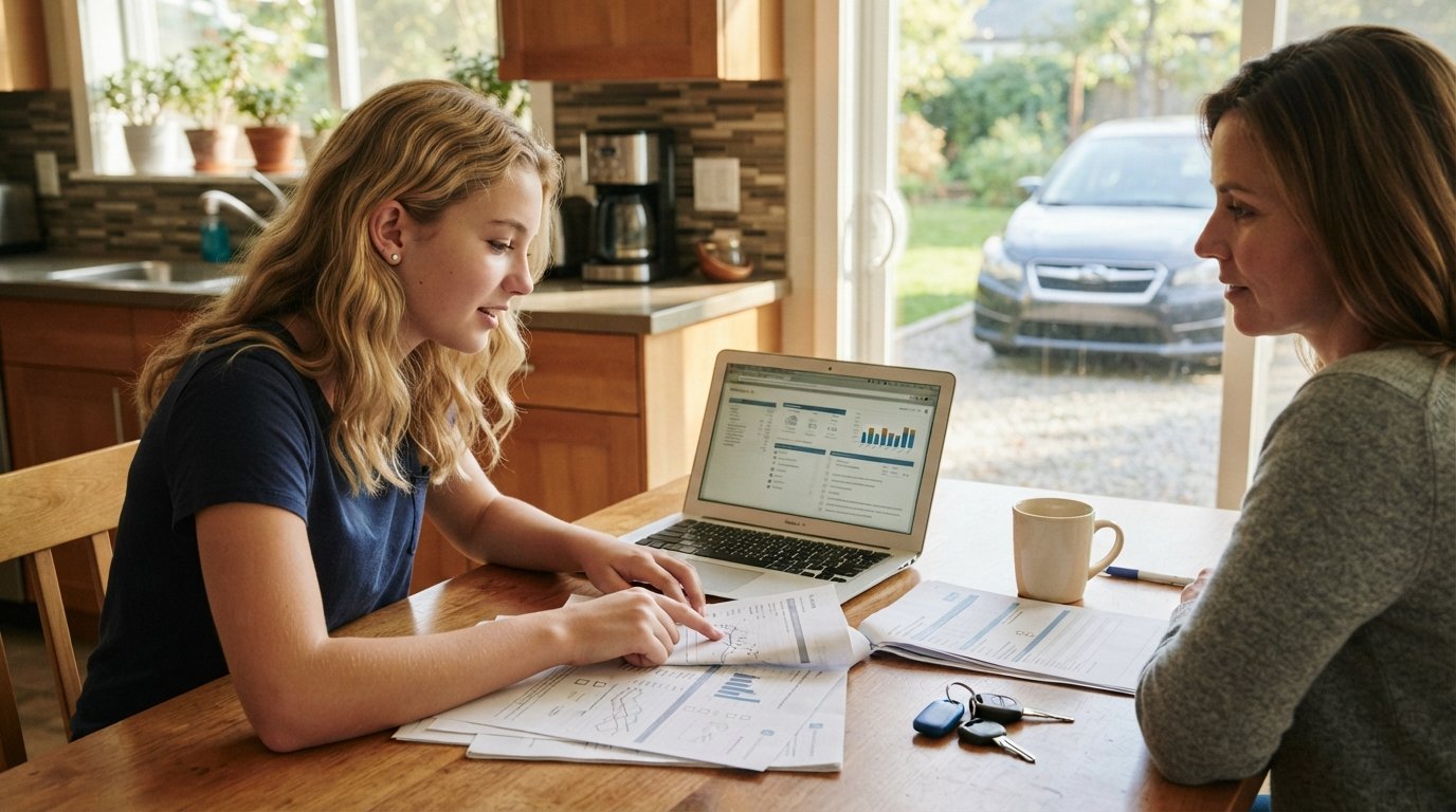 Teen driver and parent review insurance documents and a laptop at a kitchen table, car keys and a mug nearby, sedan visible…