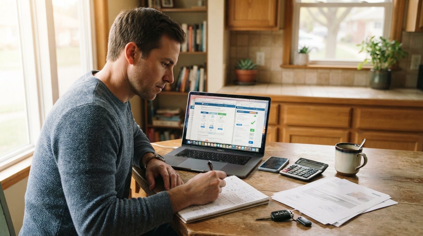 Driver at a kitchen table with a laptop showing insurance quote tabs, a notepad of handwritten figures, calculator, coffee,…