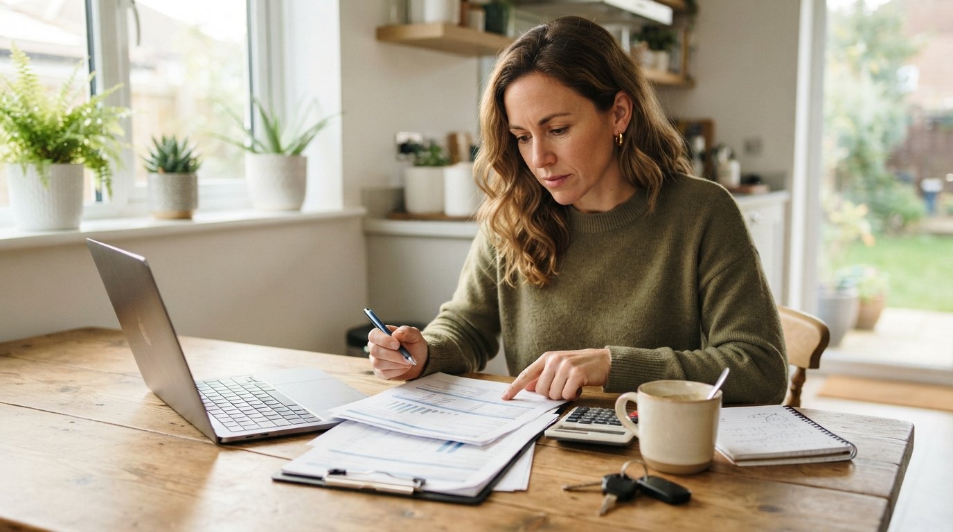 Driver in their 30s reviewing auto insurance policy documents at a kitchen table with a laptop, calculator, pen, coffee…