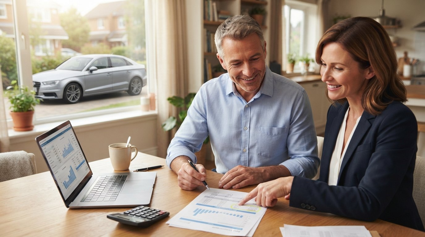 Man in blue shirt reviews auto loan papers with a financial advisor at a kitchen table, laptop and calculator nearby