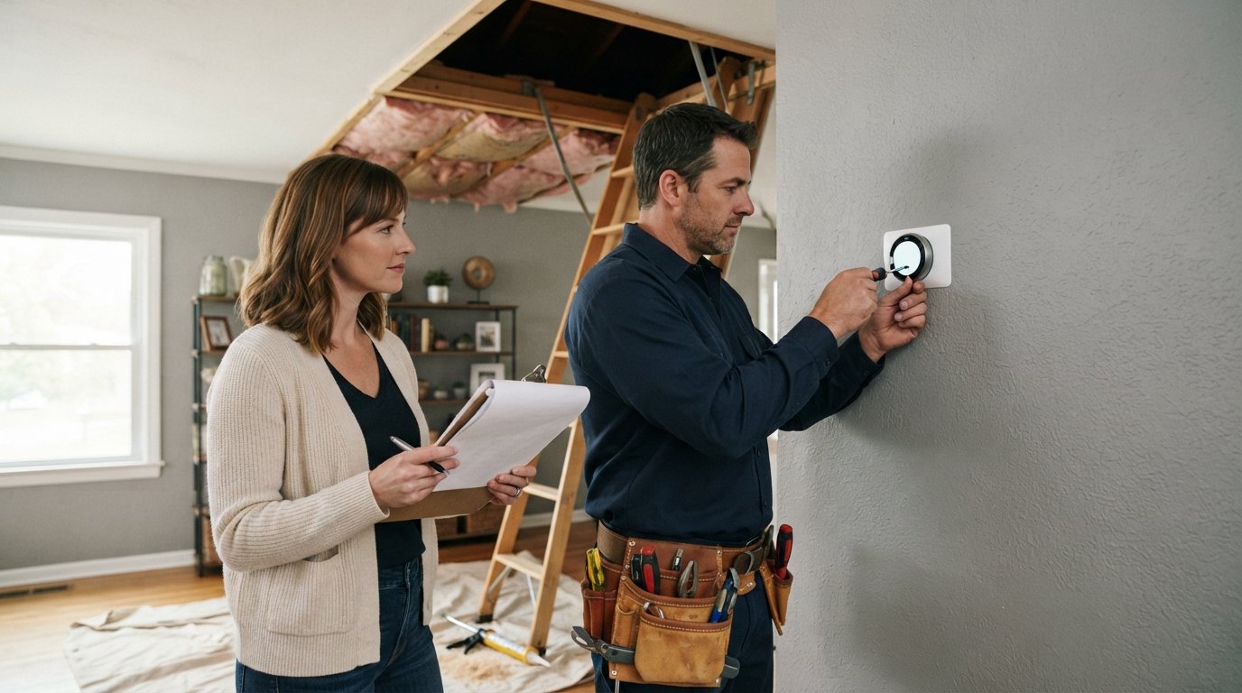 Contractor in navy work shirt mounting a white smart thermostat as a homeowner in a cream cardigan holds an insulation…