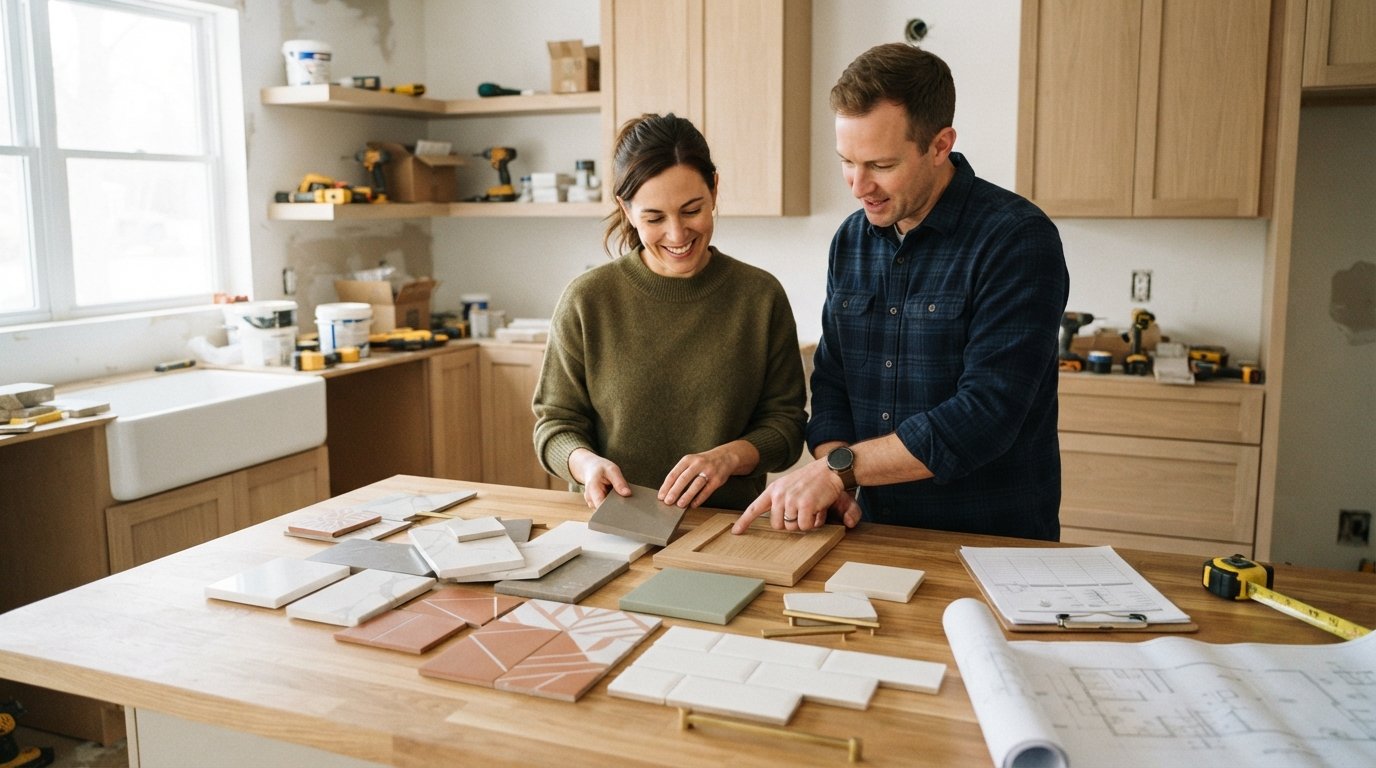 Couple comparing quartz countertop swatches, cabinet finish chips, and tile samples on a kitchen island beside a budget…