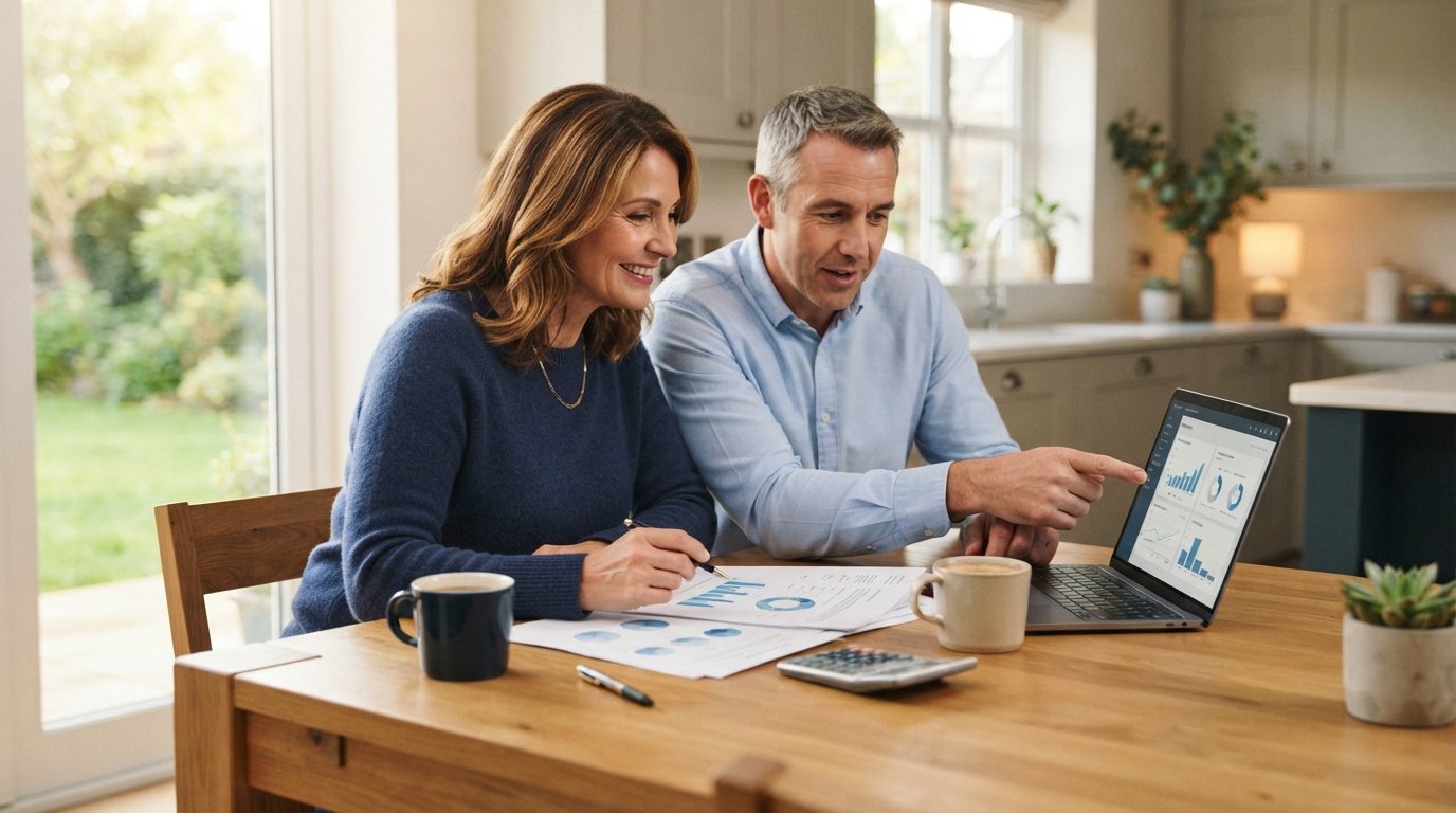 Middle-aged couple in smart-casual clothes reviewing life insurance documents at a kitchen table with a laptop, calculator,…