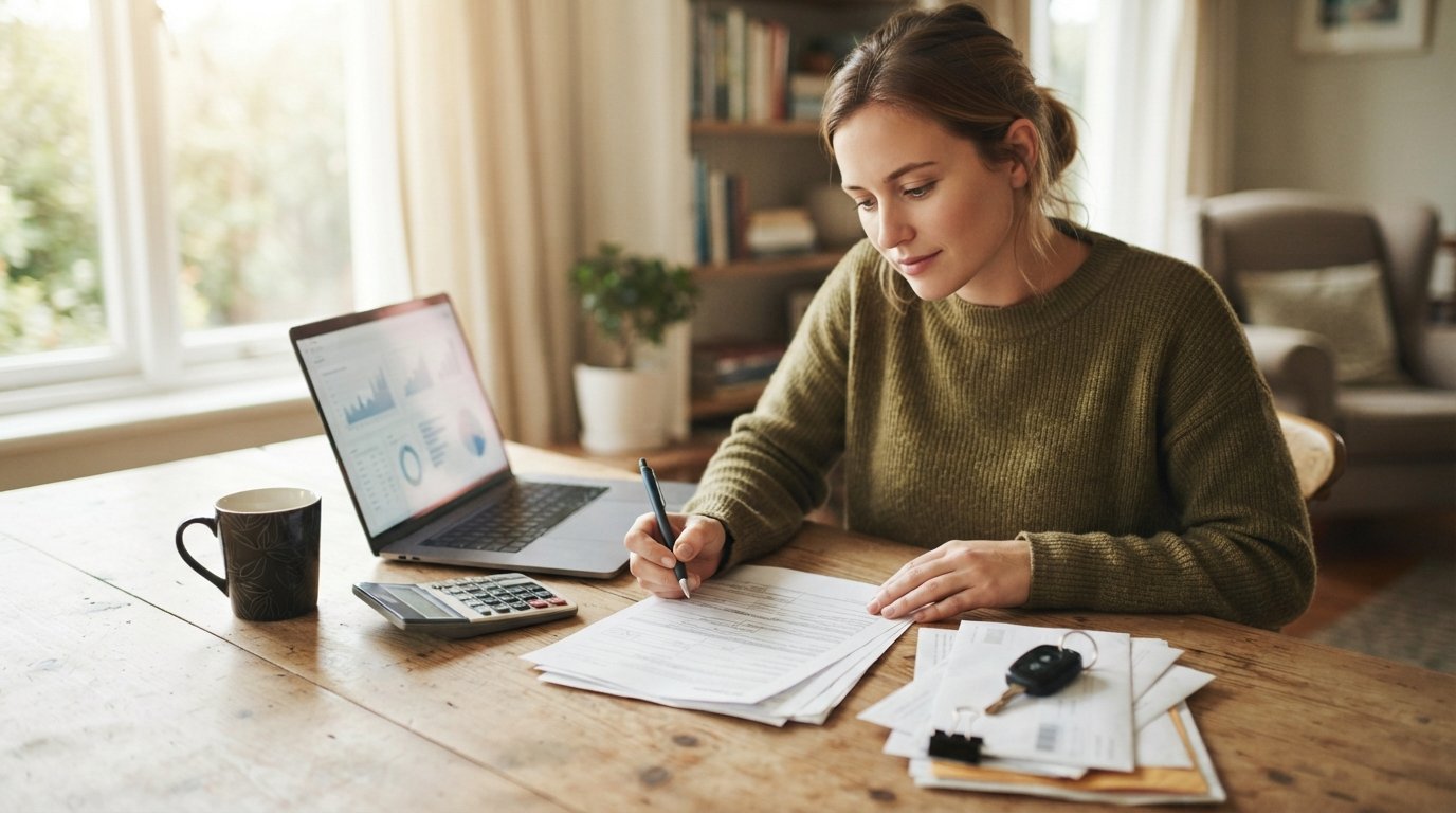 Young adult at a wooden table reviewing a paper loan application with a pen, calculator, coffee mug, laptop, bills, and car…