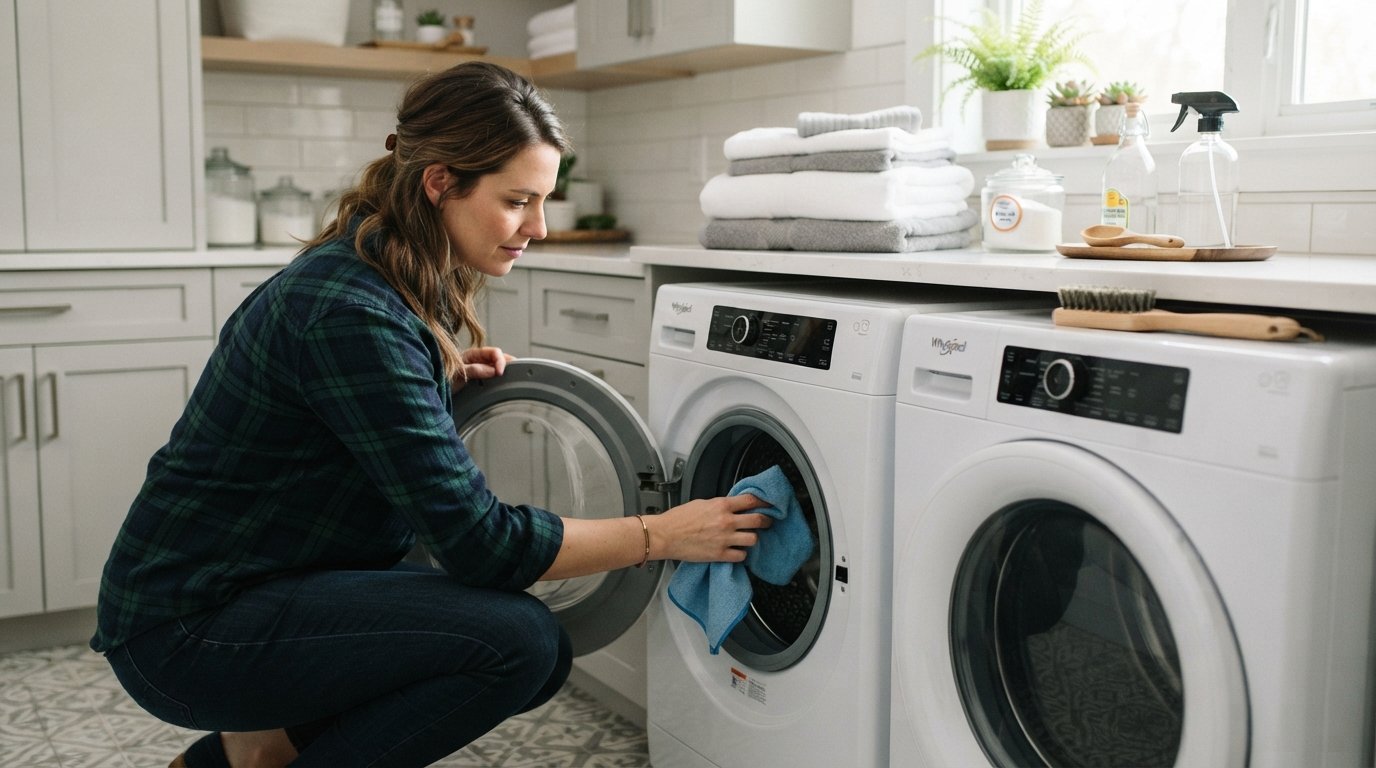 Person in a plaid shirt wiping the rubber gasket of a front-loading washing machine with a microfiber cloth in a bright…