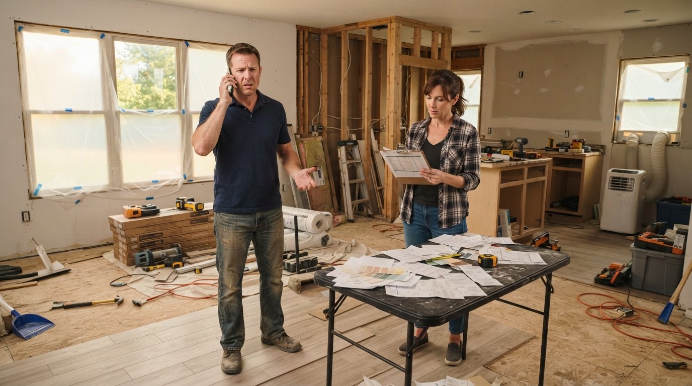 Man in polo shirt holds phone to ear in a mid-renovation living room with exposed studs, while a woman reviews a budget…