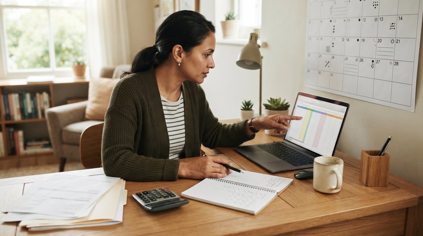Person at a wooden desk pointing at a budgeting spreadsheet on a laptop, surrounded by loan statements, a calculator, a…
