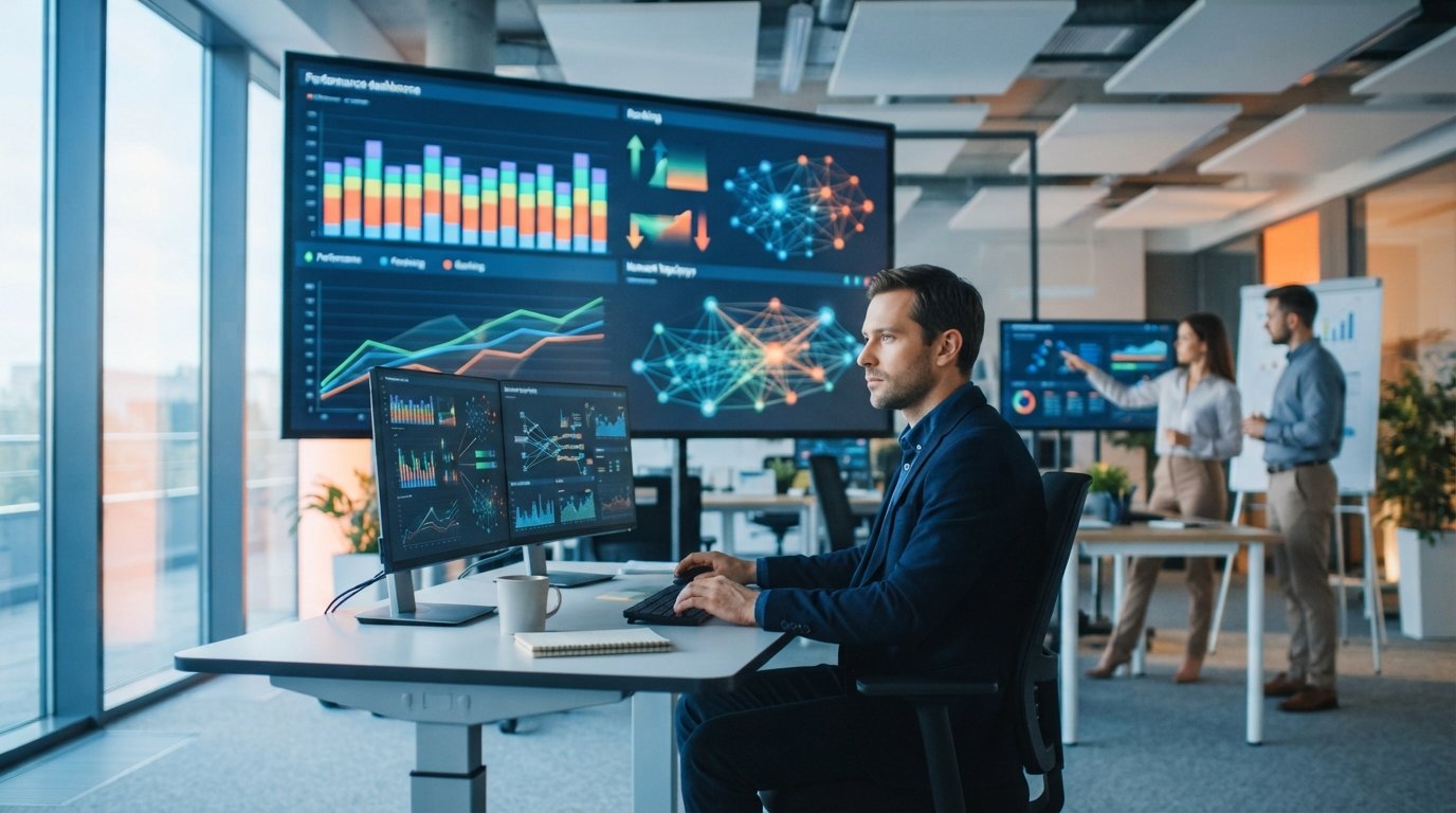 Operations manager at a desk with dual monitors showing analytics graphs, facing a wall dashboard with colored performance…