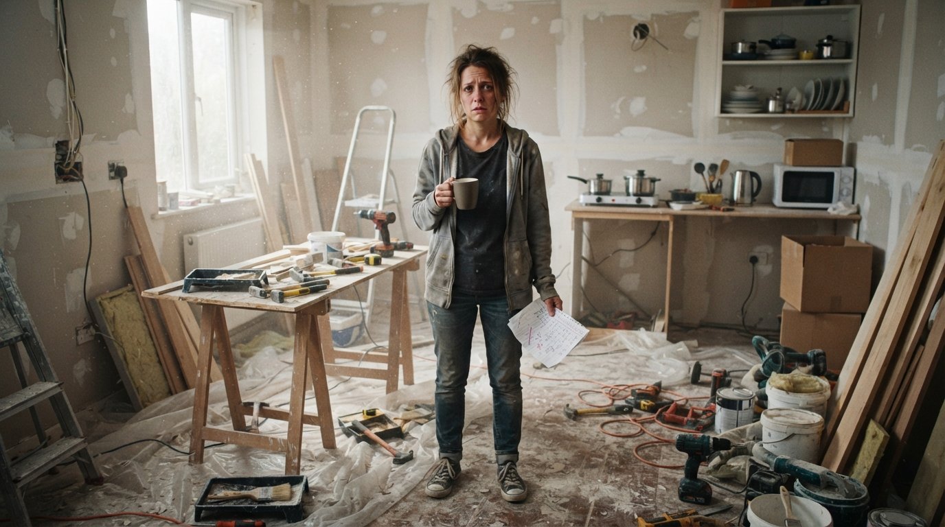 Homeowner holding a coffee mug and to-do list in a dusty living room with exposed drywall, drop cloths, tools, and a ladder…