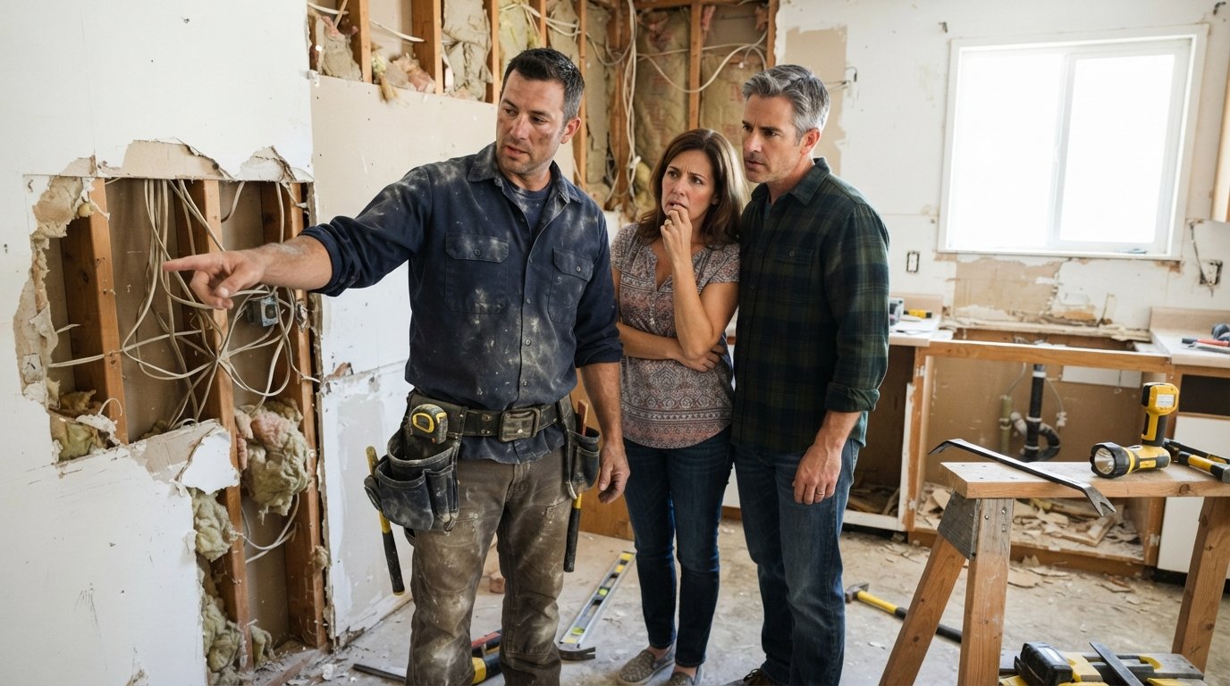 Contractor in a navy work shirt points at an exposed wall cavity as a couple listens in a demolished kitchen with torn…