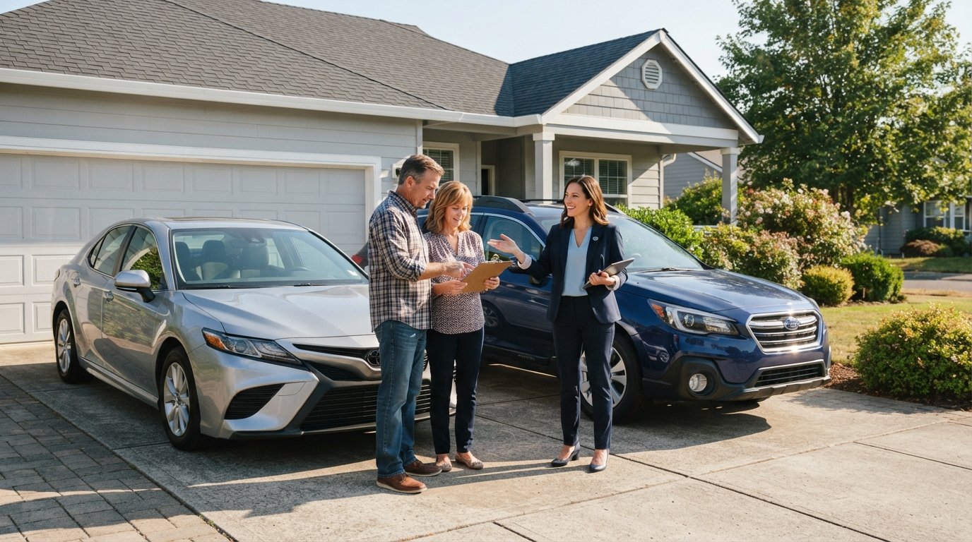 Couple with clipboard and insurance agent standing between a silver sedan and dark blue SUV in a suburban driveway