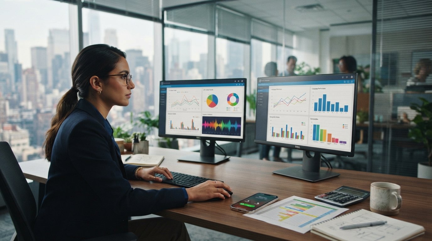 Marketing analyst at a dual-monitor desk viewing call-tracking charts, a smartphone showing an inbound call, and a printed…