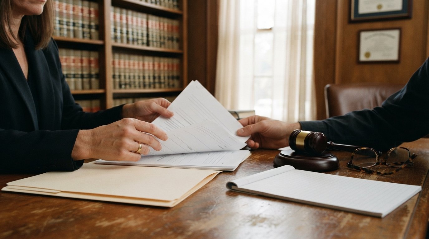 Hands sorting unsigned custody paperwork on a wooden desk with a gavel, manila folder, legal pad, and reading glasses in a…