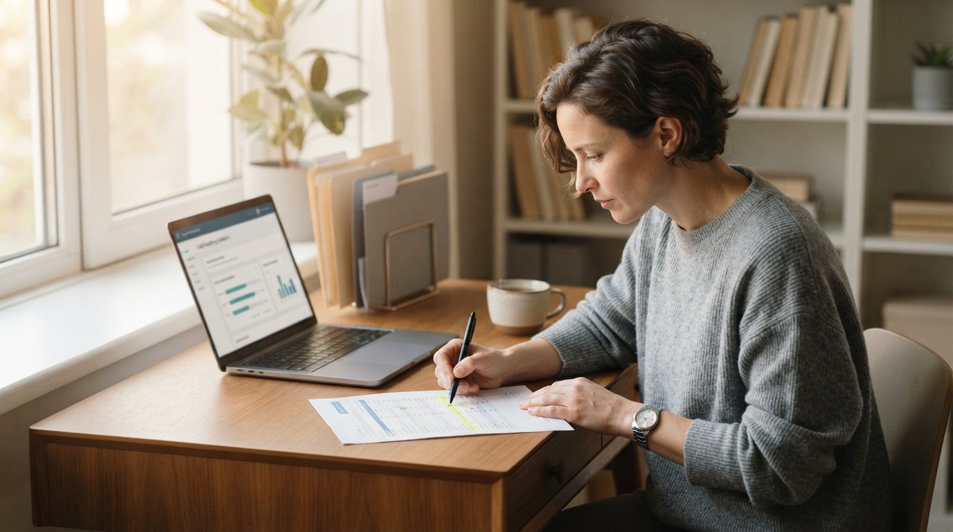 Person at a tidy desk highlighting a line on a printed credit report with a pen, laptop showing a monitoring dashboard nearby