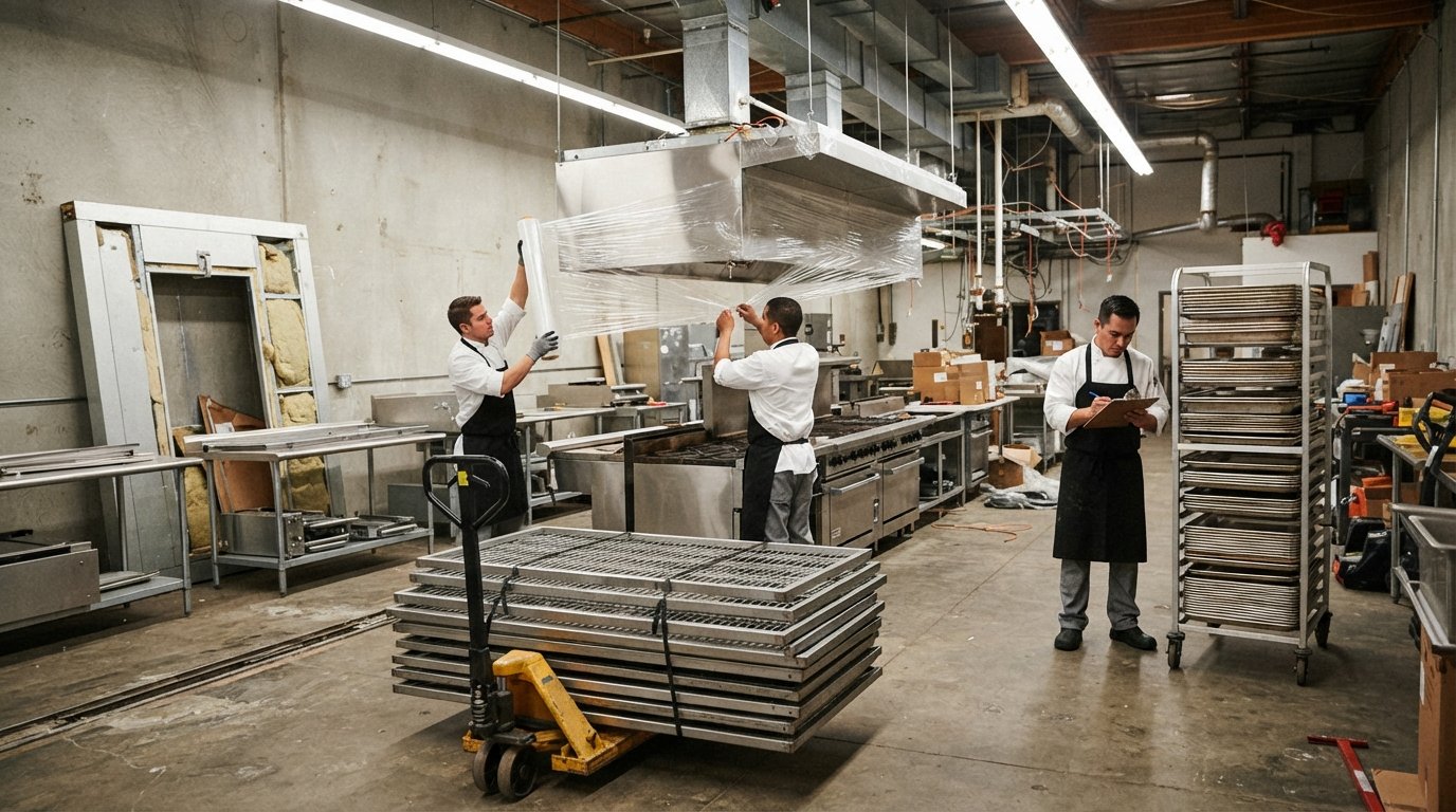 Workers in chef coats wrapping a commercial range hood in protective film while another checks a clipboard beside a hand…