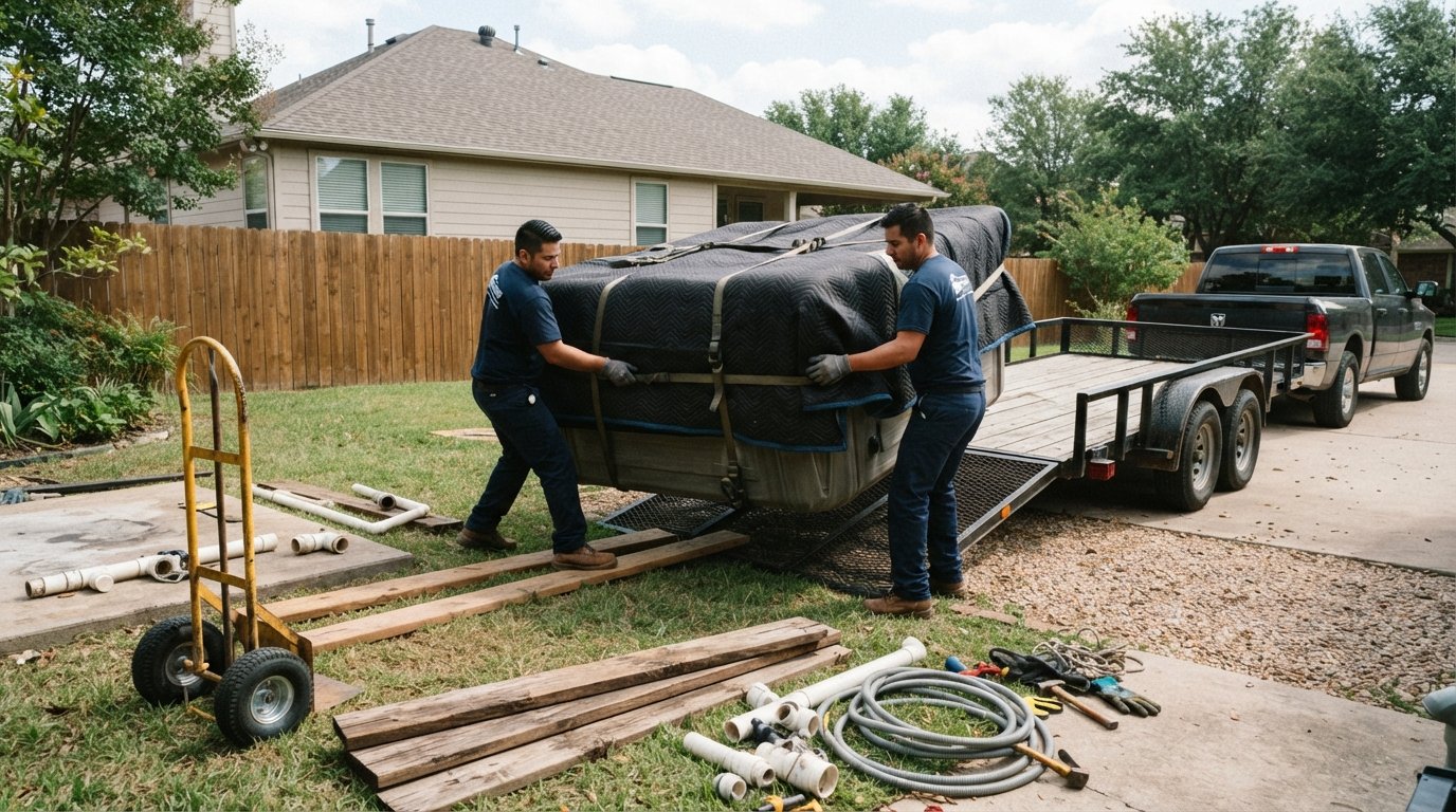 Two movers in navy uniforms and gloves guide a blanket-wrapped hot tub shell onto a flatbed trailer in a backyard