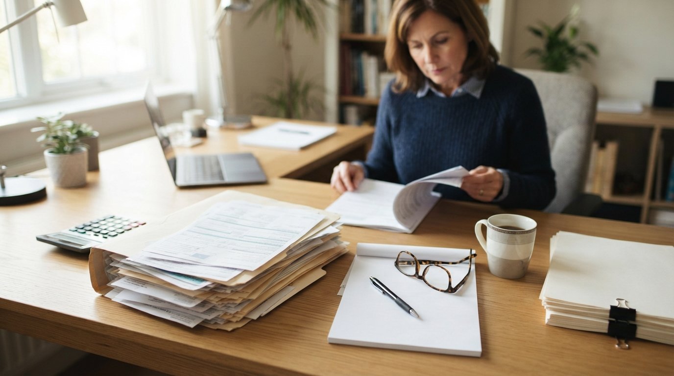Overhead view of a desk with a manila folder of medical bills, calculator, notepad, pen, reading glasses, and coffee mug as…