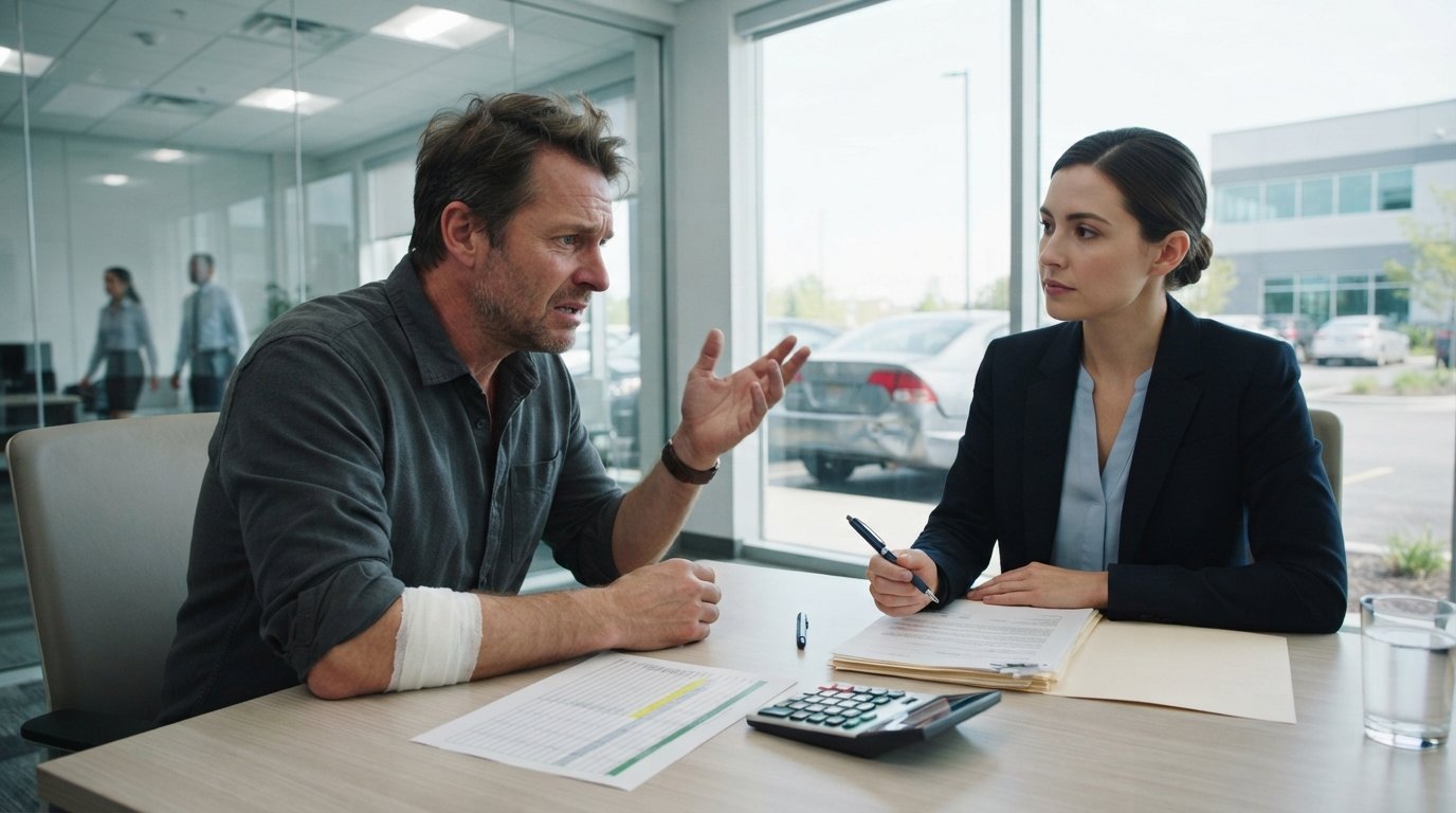 Man with bandaged arm across desk from female insurance adjuster reviewing claim documents and settlement spreadsheet in…