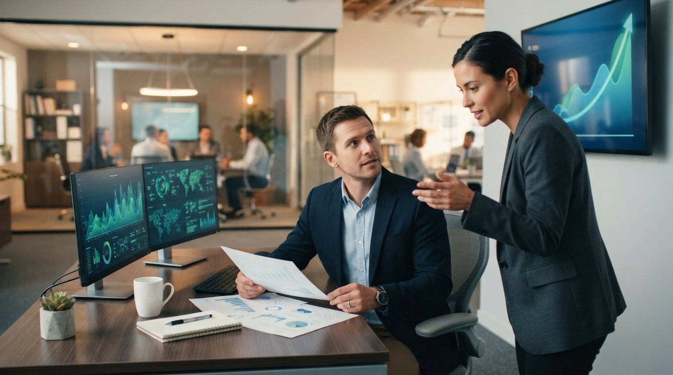 Two professionals at a desk with dual monitors showing green and blue dashboards review onboarding documents while a wall…