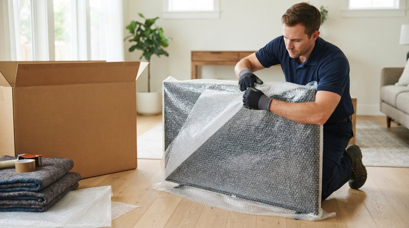 Professional mover in navy uniform and gloves wrapping a large flat-screen TV in bubble wrap in a bright living room