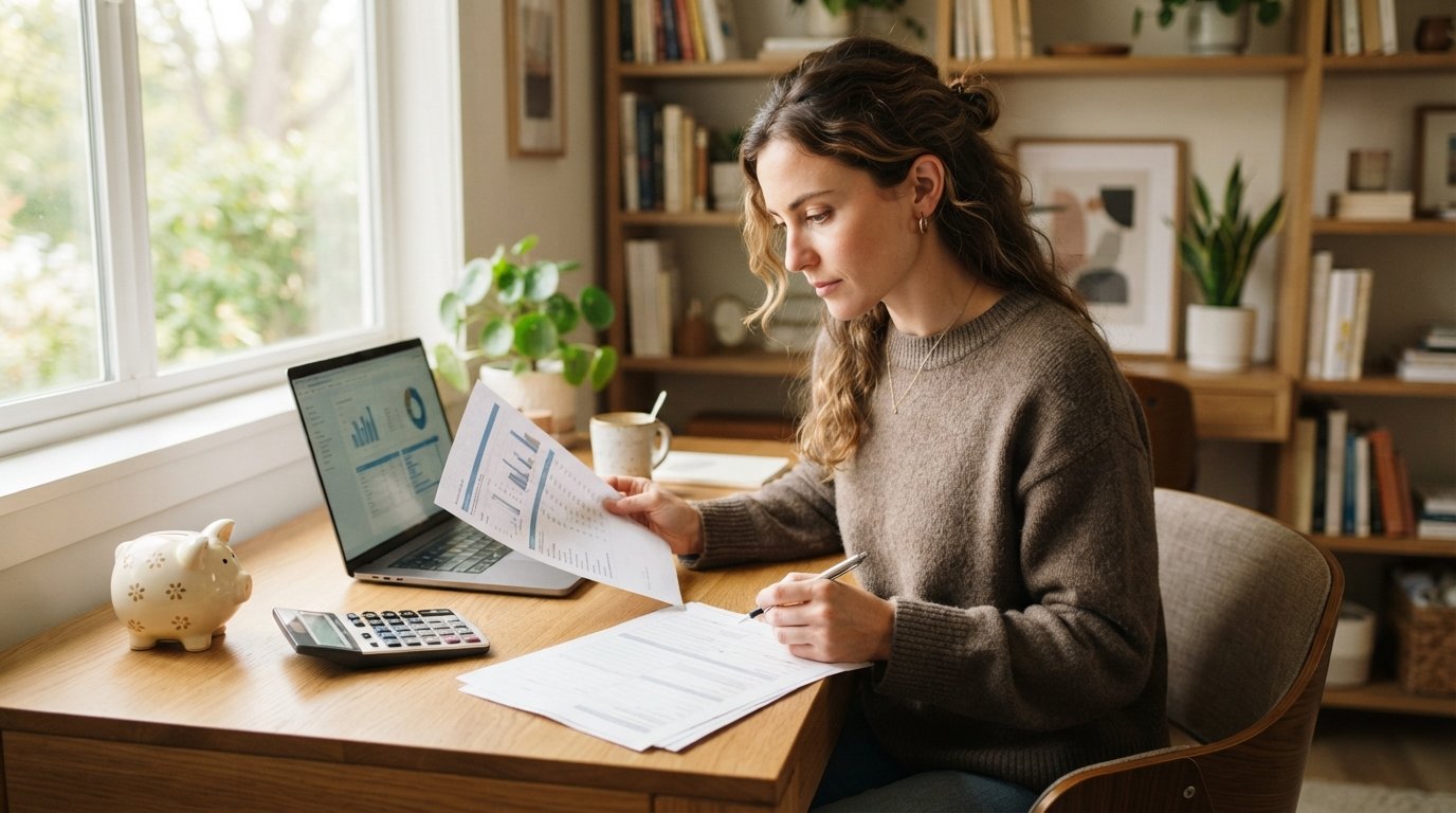 Young woman in a sweater reviewing printed tuition paperwork and a scholarship form at a wooden desk with a laptop,…