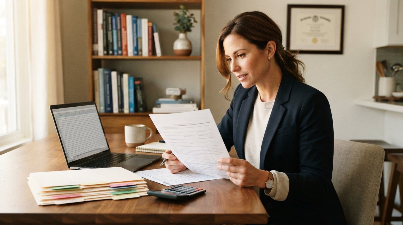 Woman at home office table reviewing FAFSA form, laptop with tuition spreadsheet, scholarship folders, and calculator nearby