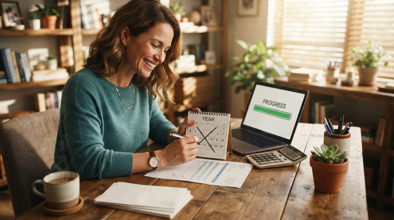 Smiling woman at a wooden desk reviews a loan statement beside a laptop showing a payoff progress bar, with a calculator,…