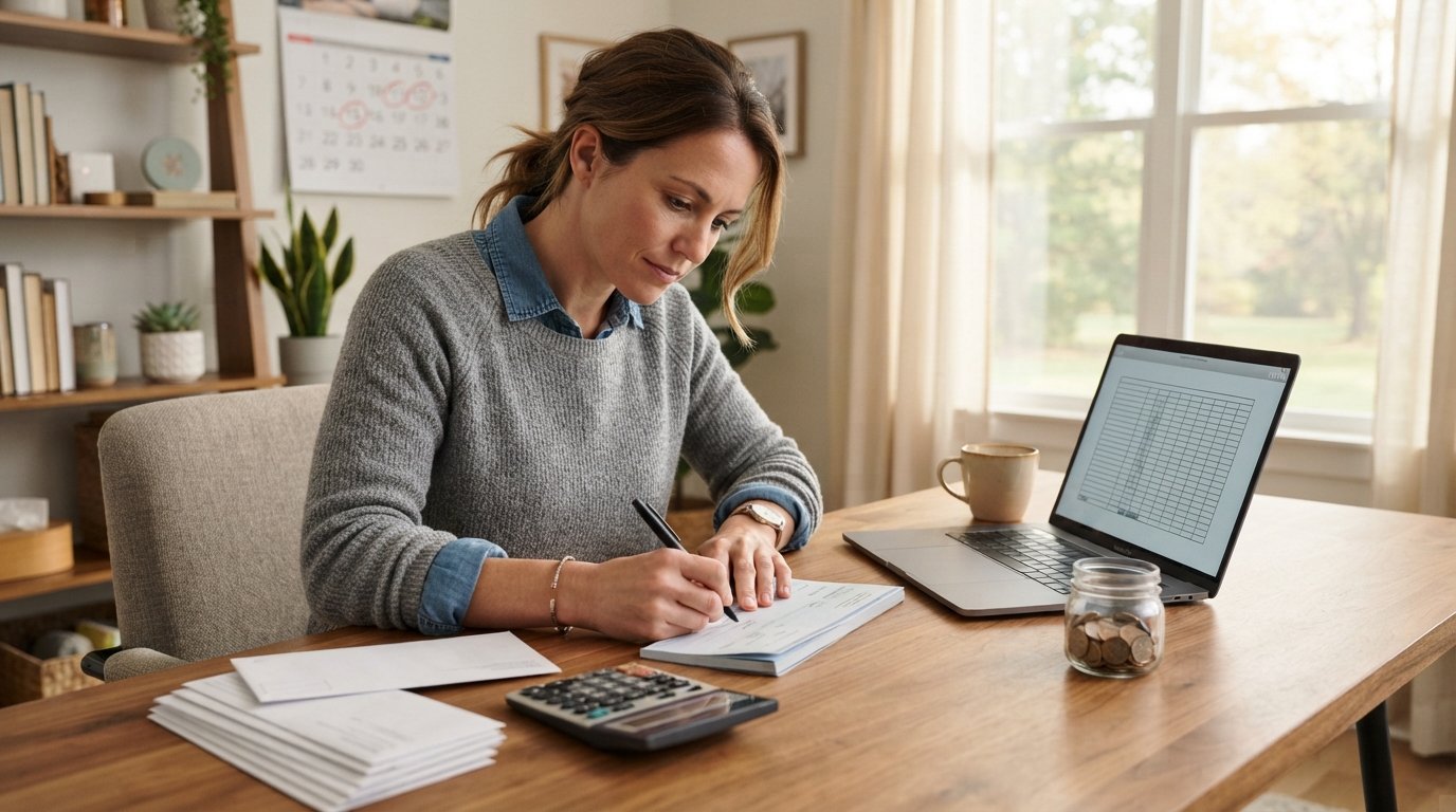 Homeowner at a wooden desk with an amortization chart on a laptop, writing a check beside payment envelopes, a calculator,…