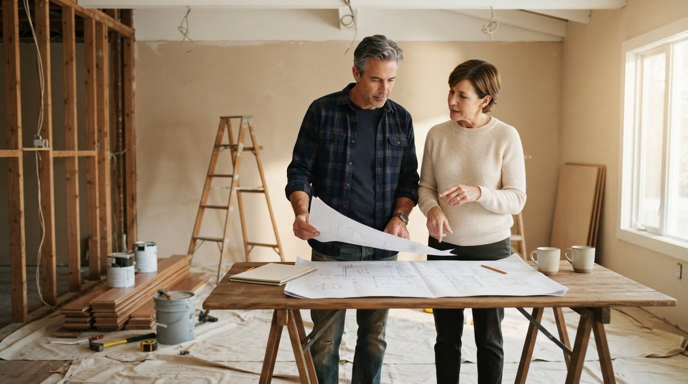 Couple reviewing a blueprint at a folding table in a partially renovated living room with exposed studs, ladder, paint…