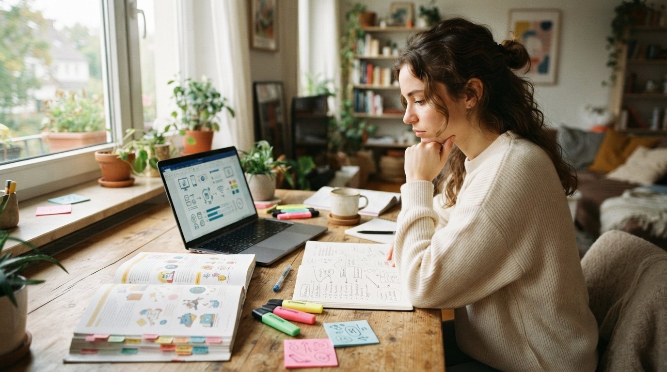 Young woman resting her chin on her hand at a wooden desk with an open course catalog, handwritten notebook, and laptop…