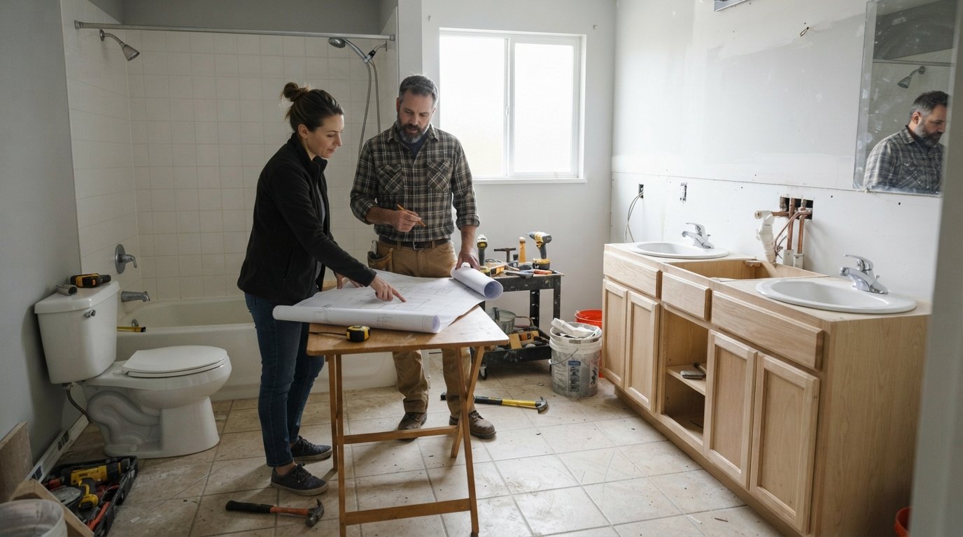 Homeowner and contractor review blueprints on a folding table in a bright bathroom mid-renovation, with a toilet, bathtub,…