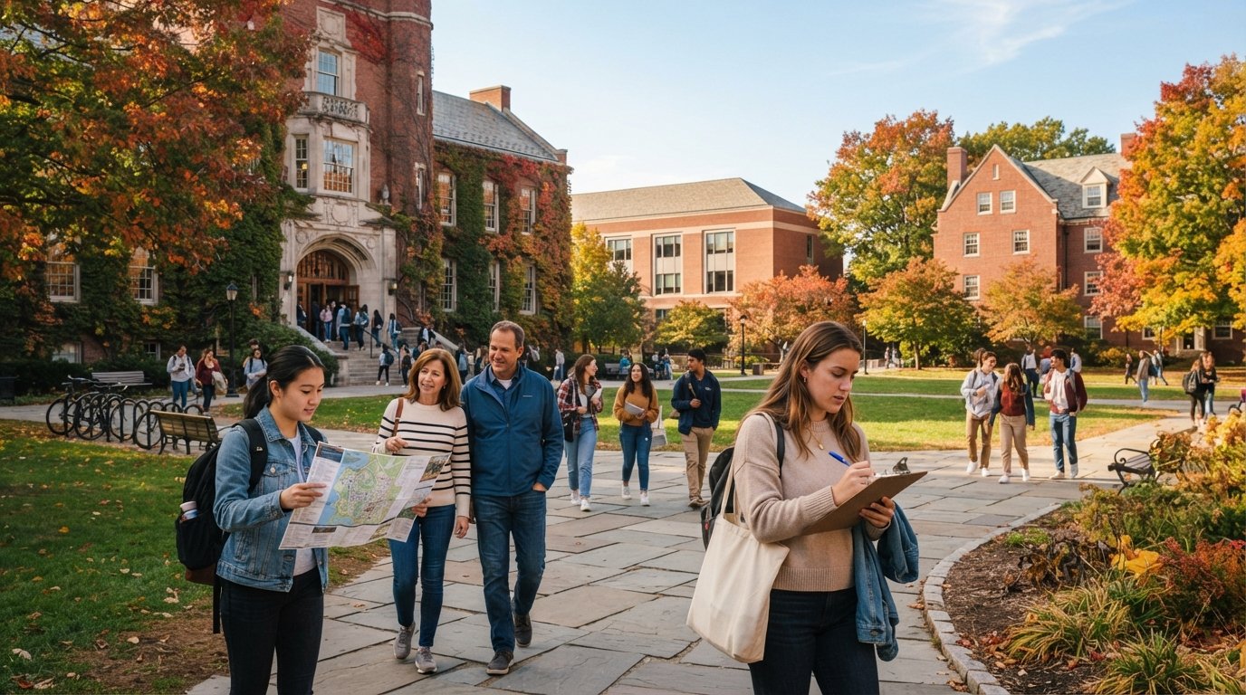 Prospective students and parents walk across a sunlit campus quad with red-brick buildings and autumn trees, one holding a…