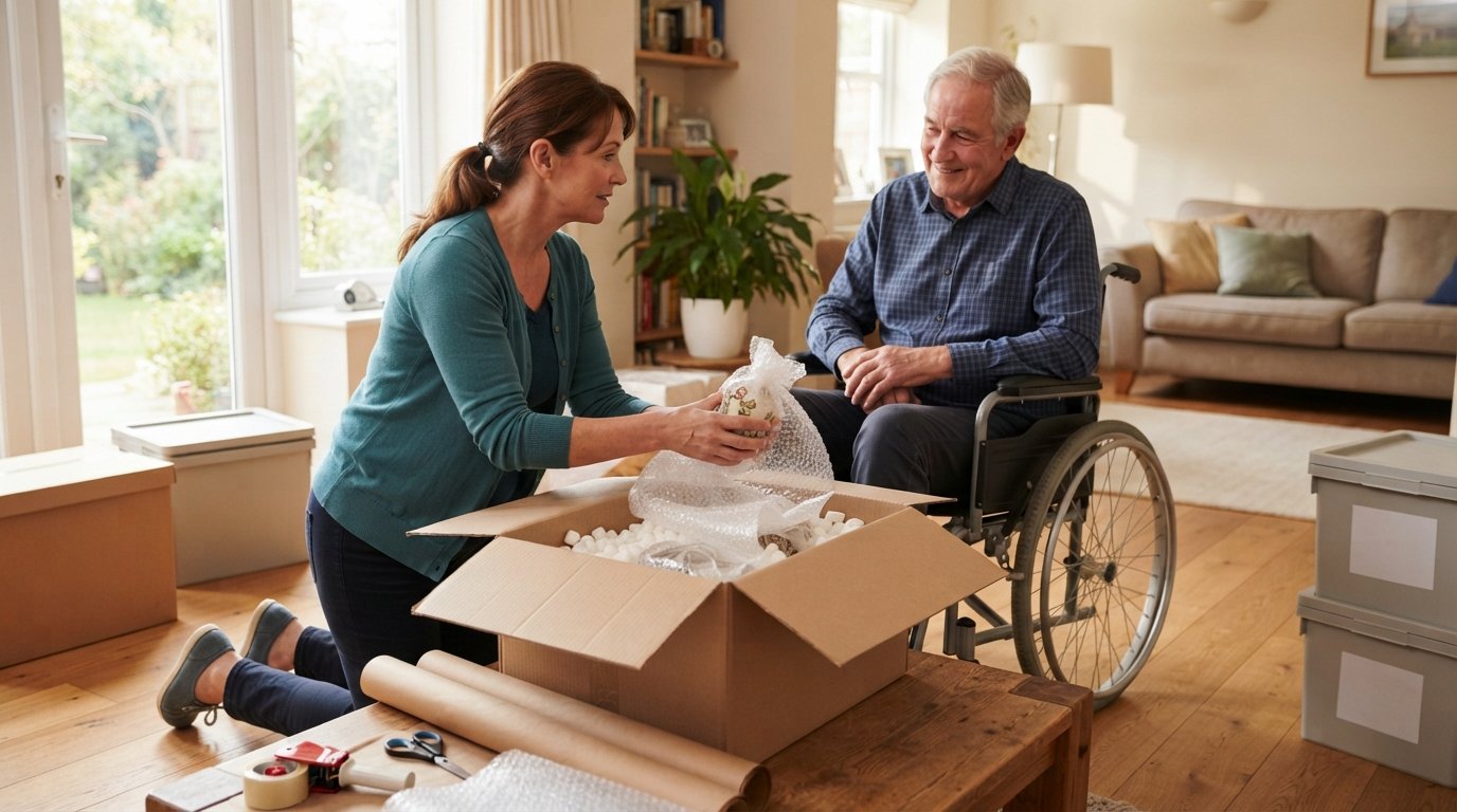Caregiver kneeling beside an older adult in a wheelchair, wrapping a fragile item in bubble wrap inside a cardboard box in…