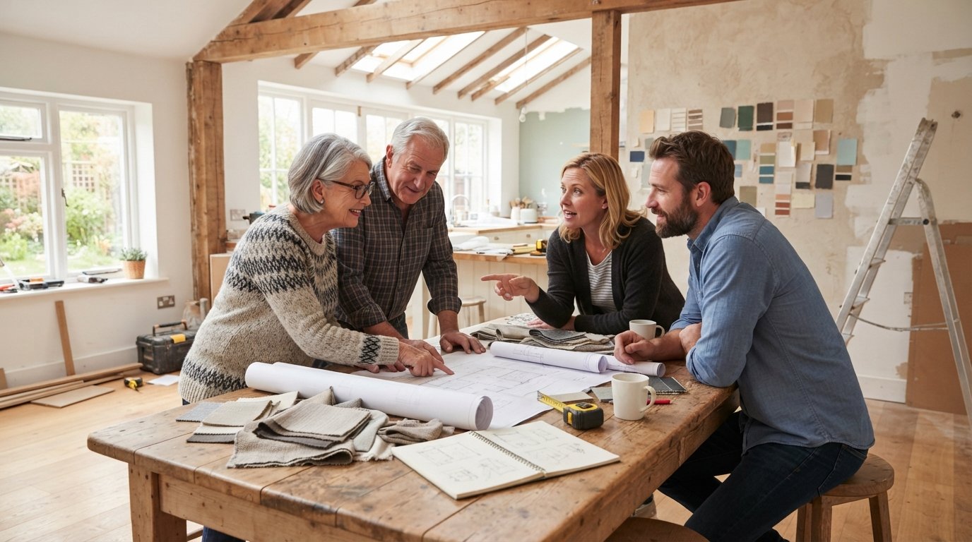 Four adults of different generations lean over blueprints, fabric swatches, and a notebook on a kitchen table in a bright,…