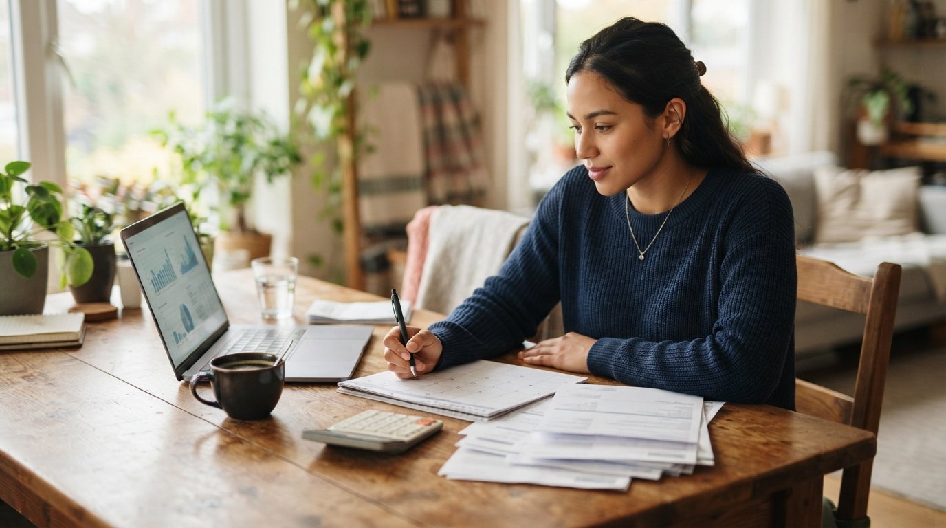 Person in casual business attire reviews bank statements and a paper calendar at a wooden table, with a laptop, calculator,…