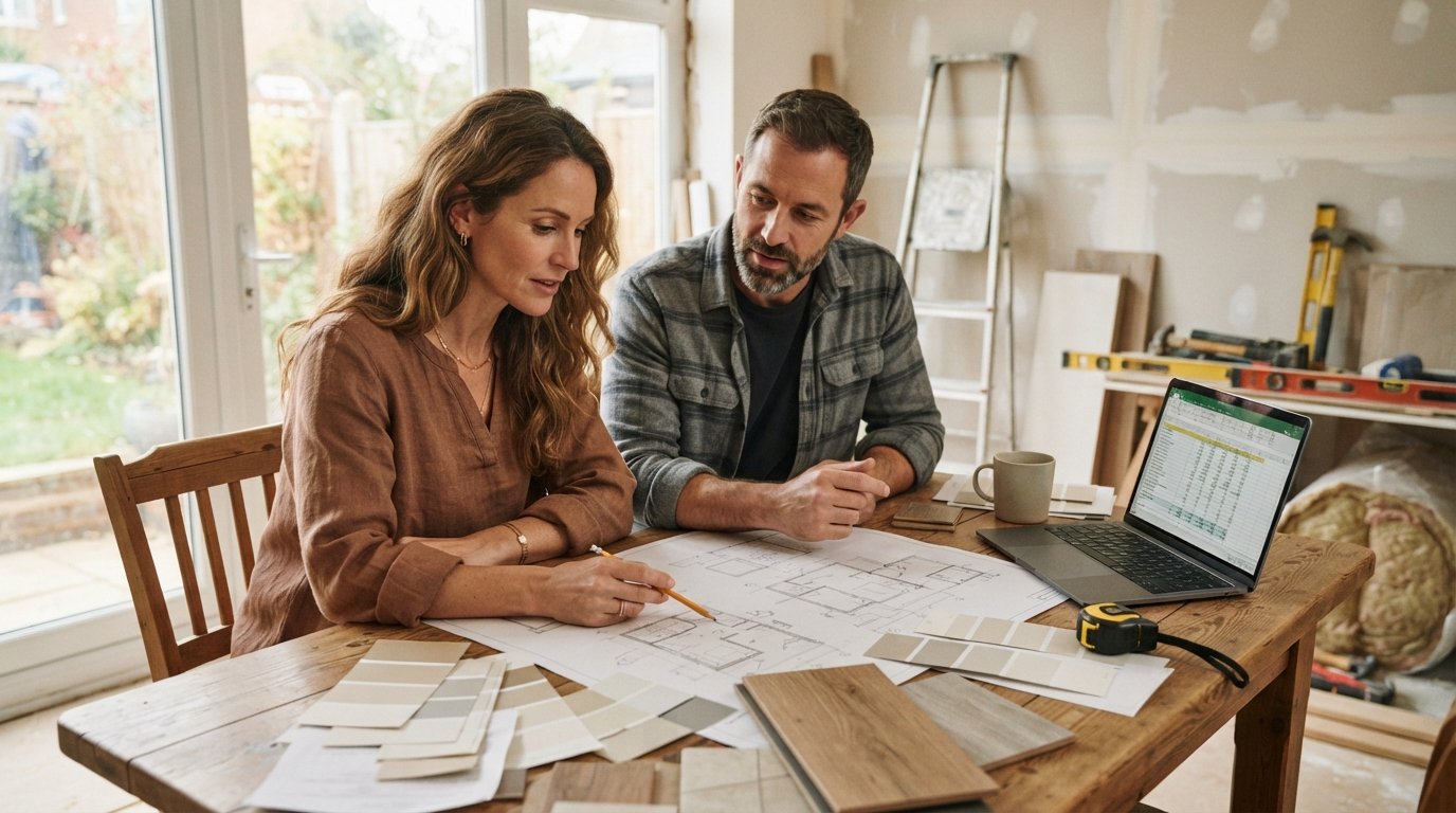 Couple in their 40s reviewing blueprints, paint swatches, and a budget spreadsheet at a dining table in a partially…