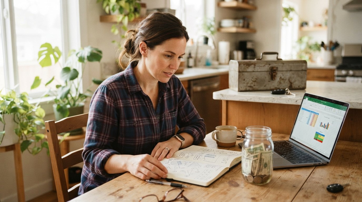 Person in flannel shirt reviewing a paper budget planner next to a glass jar of cash and a laptop with a spreadsheet at a…