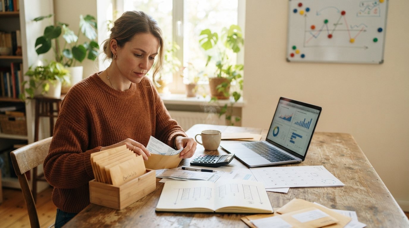 Freelancer at a wooden table with laptop, paper calendar, envelopes, calculator, and a notebook showing uneven income bars