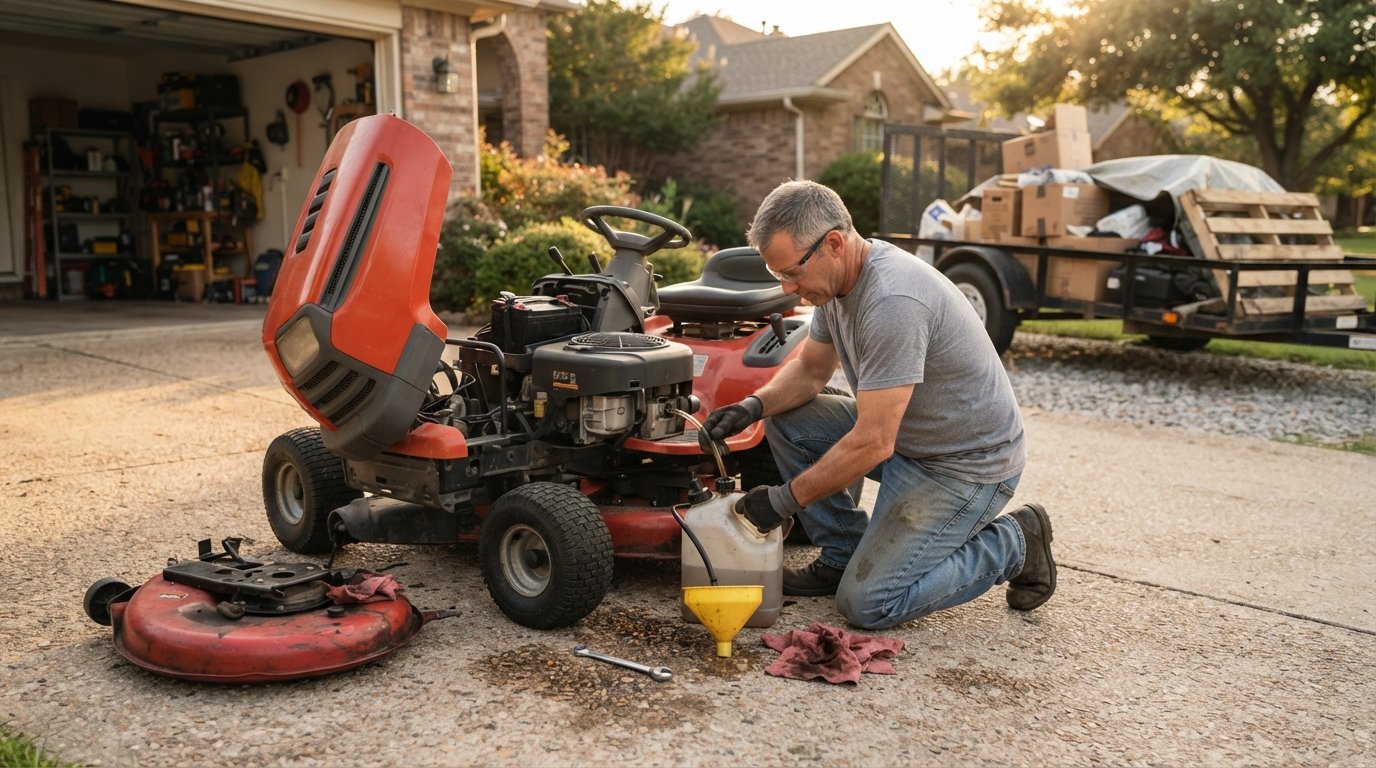 Man in work gloves draining fuel from a red riding mower into a container on a driveway, with a trailer behind