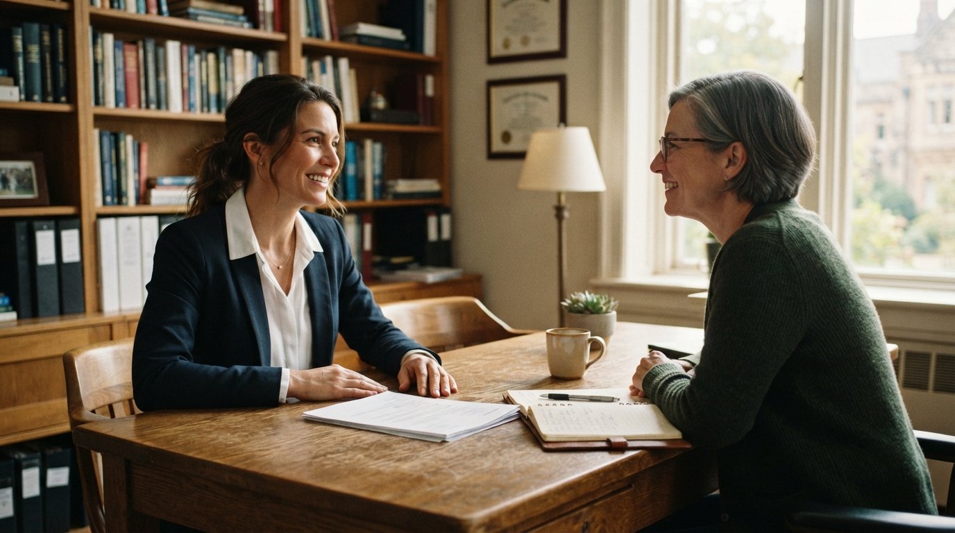 Adult applicant in a navy blazer sits across a wooden desk from an admissions interviewer in a warmly lit university…
