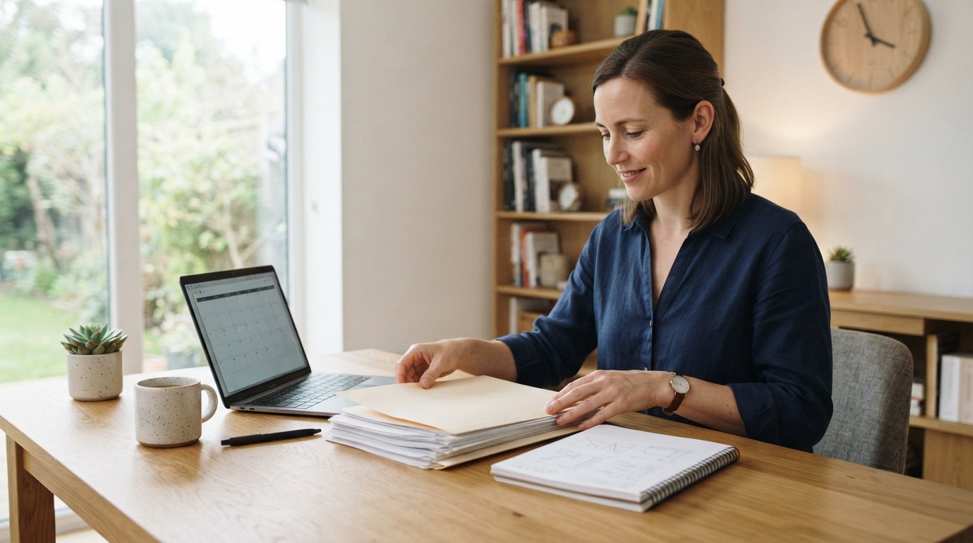 Person sitting at a wooden desk organizing paperwork, a folder, and a notebook beside a laptop and coffee mug in a bright…