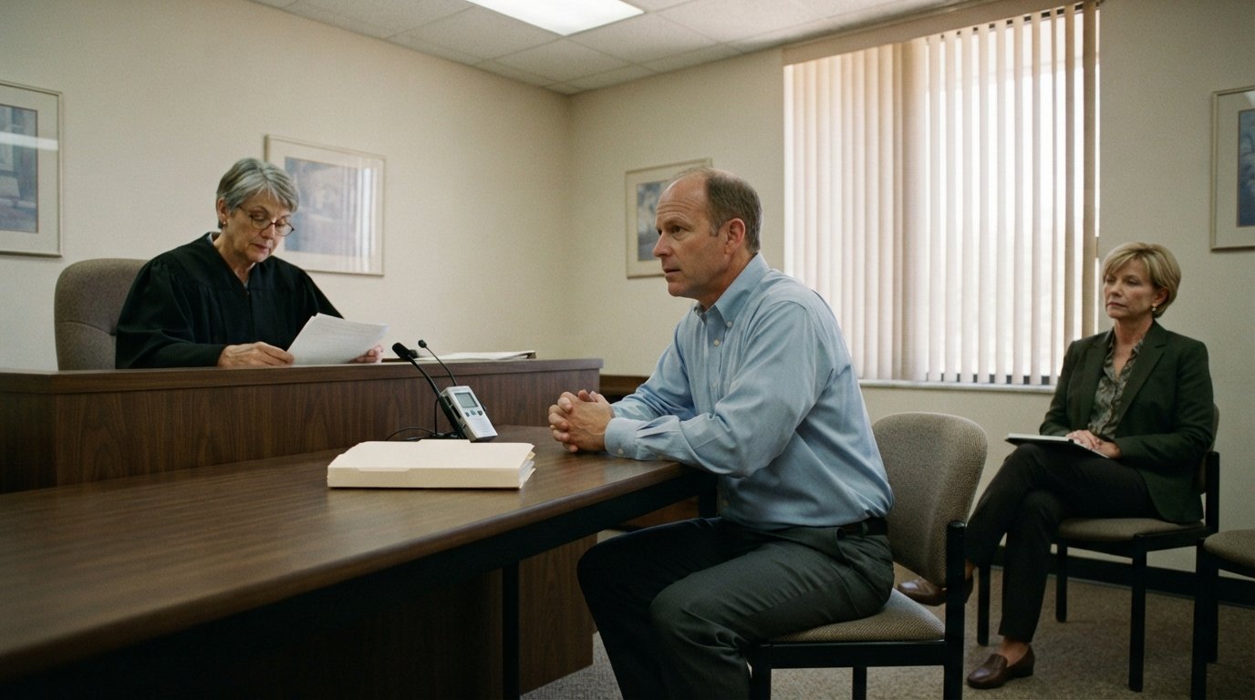 Middle-aged man in a button-down shirt sits at a wooden table across from an administrative law judge in a bright hearing…