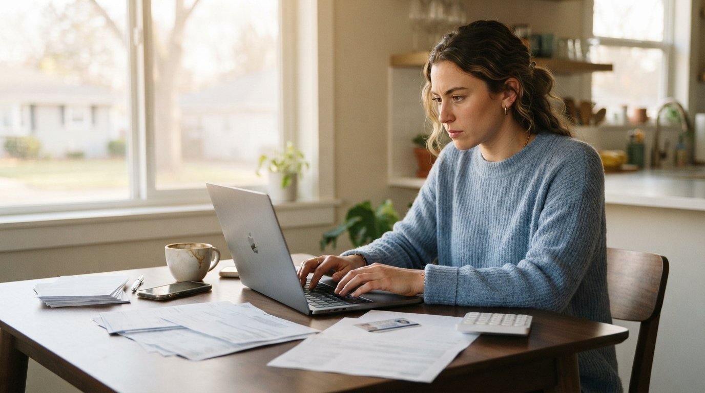 Focused young adult typing on a laptop at a kitchen table with pay stubs, a bank statement, a driver's license, a…