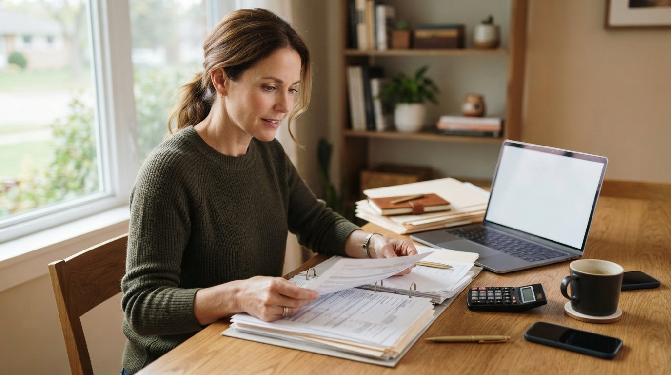 Person reviewing paperwork at a wooden desk with a laptop, calculator, pen, smartphone, coffee mug, and stacked folders in…