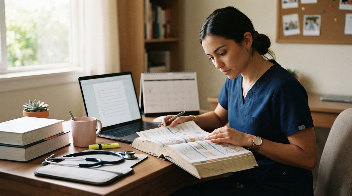 Nursing student in navy scrubs at a home desk with a clinical handbook, laptop checklist, stethoscope, and planner