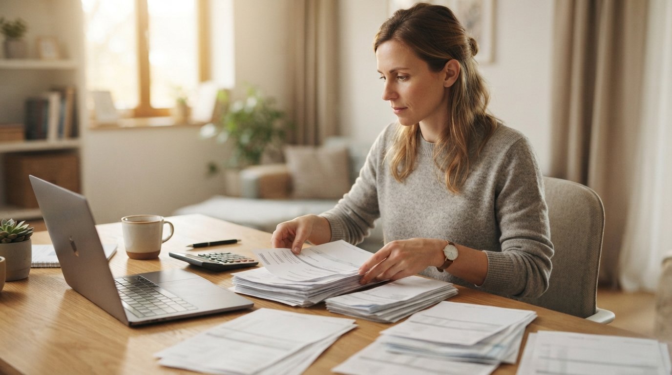 Person at a wooden desk sorting pay stubs and bank statements into neat stacks beside a laptop, calculator, and pen in a…