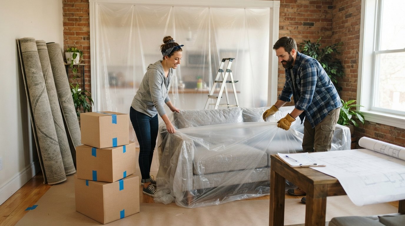 Couple wrapping a sofa in plastic sheeting beside labeled cardboard boxes and rolled rugs, with a dust barrier sealing the…