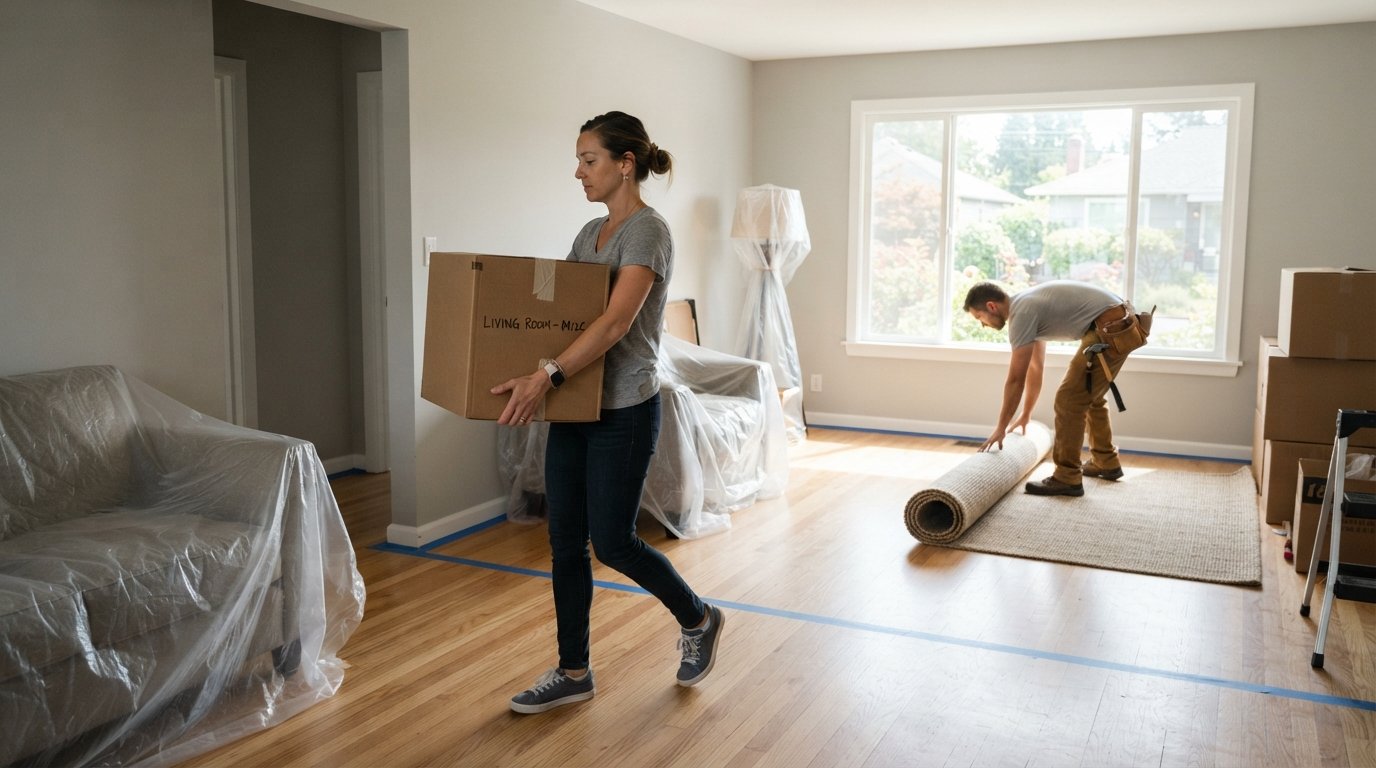 Homeowner carrying a cardboard box past plastic-covered furniture and taped baseboards as a worker rolls up an area rug