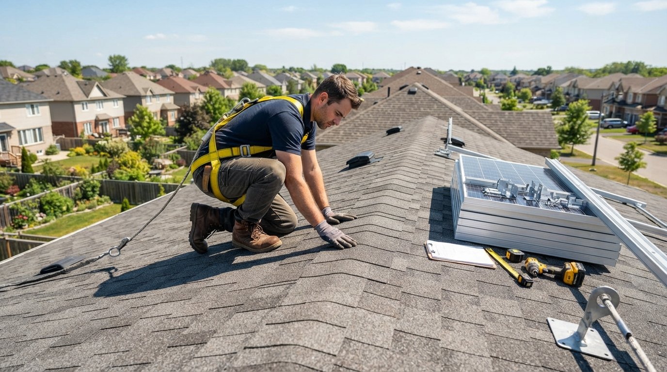 Roofer in safety harness inspecting shingles on a sunny residential roof beside stacked solar panels and tools